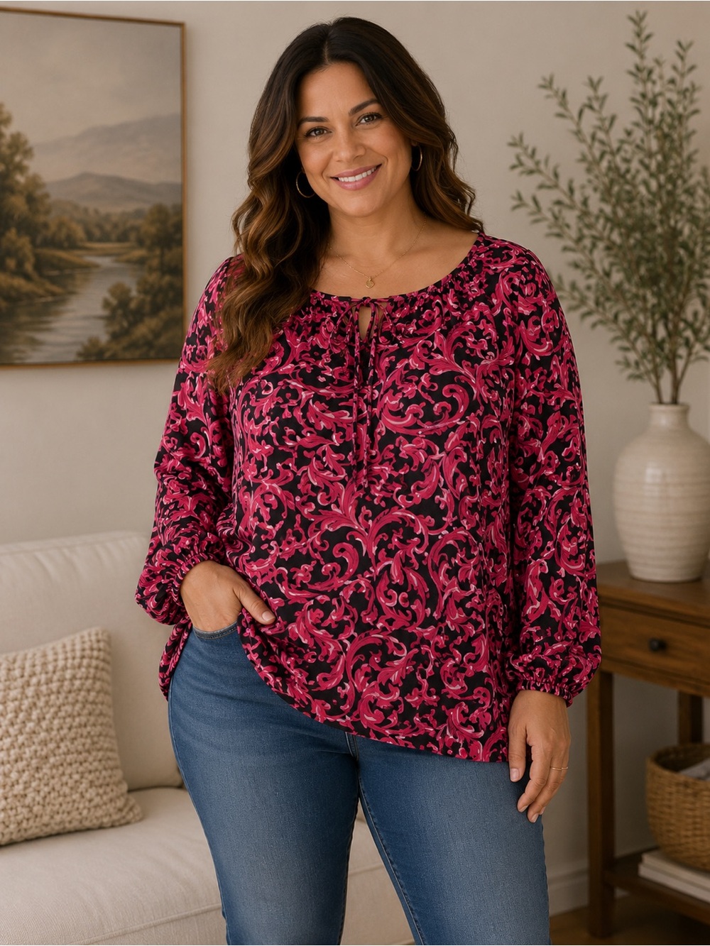 LOFT Baroque Damask Print Split Neck Peplum Blouse Long Sleeve Top XL